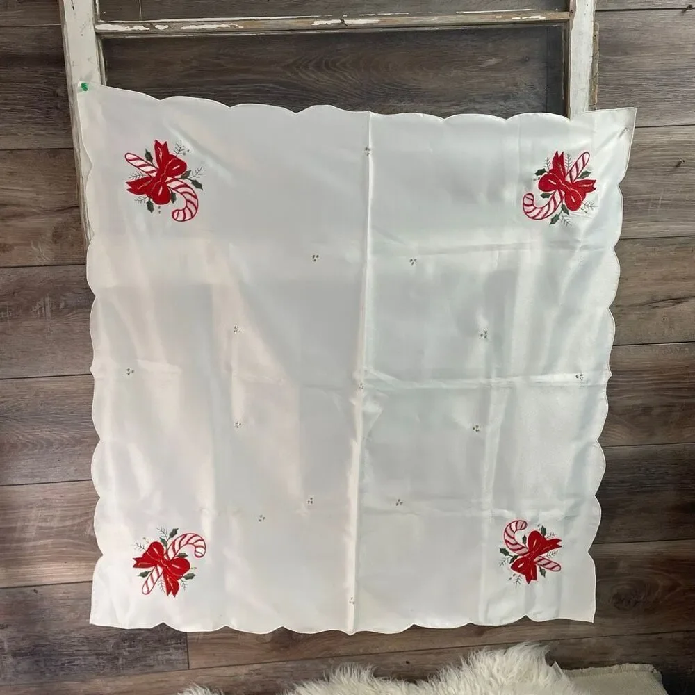Vintage Christmas Satin Like Tablecover Candy Canes Bows Holly Home Decor 34x34
